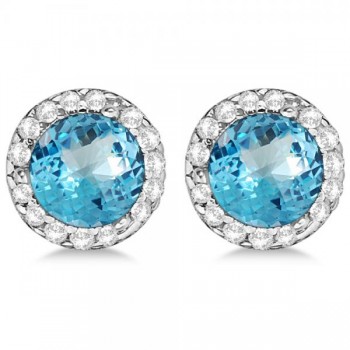 Diamond and Blue Topaz Earrings Halo 14K White Gold (1.15ct)