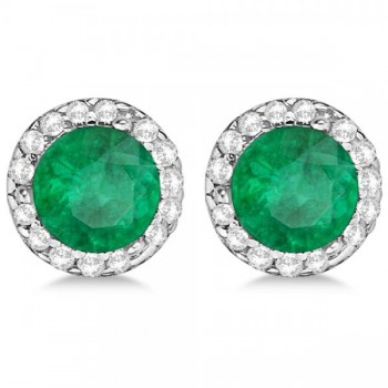 Diamond and Emerald Earrings Halo 14K White Gold (1.15ct)