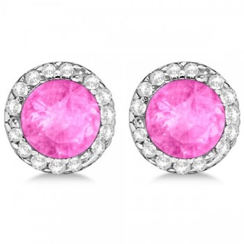 Lab Grown Diamond and Lab Pink Sapphire Earrings Halo 14K White Gold (1.15ct)