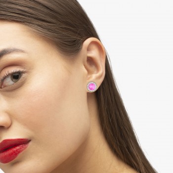 Lab Grown Diamond and Lab Pink Sapphire Earrings Halo 14K White Gold (1.15ct)