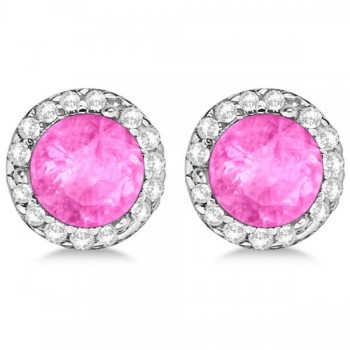 Diamond and Pink Sapphire Earrings Halo 14K White Gold (1.15ct)