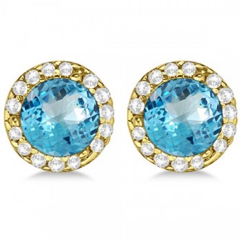 Diamond and Blue Topaz Earrings Halo 14K Yellow Gold (1.15ct)