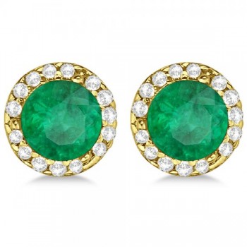 Diamond and Emerald Earrings Halo 14K Yellow Gold (1.15ct)