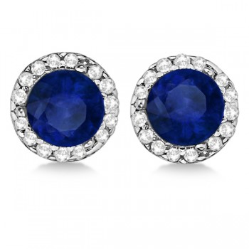 Diamond and Blue Sapphire Earrings Halo 14K White Gold (1.15tcw)