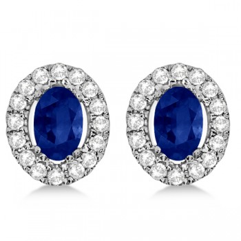 Oval Sapphire & Diamond Earrings, Halo Studs 14k White Gold 1.52ct