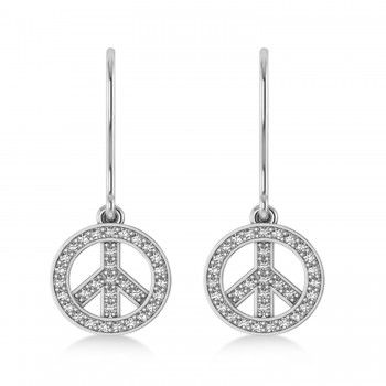 Diamond Peace Sign Dangling Earrings 14K White Gold (0.82ct)