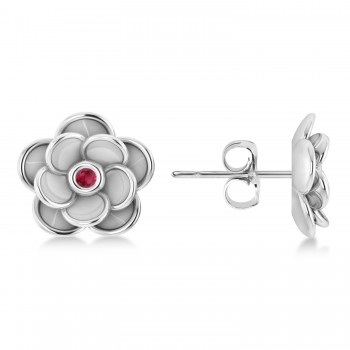 Ruby Round Flower Earrings 14k White Gold (0.06ct)