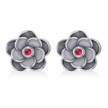 Ruby Round Flower Earrings 14k White Gold (0.06ct)