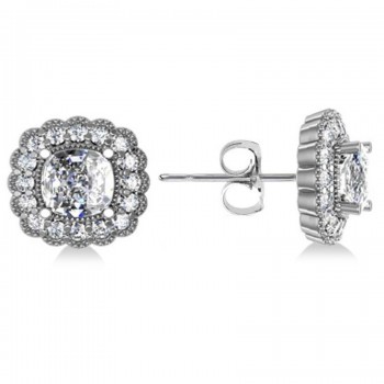 Floral Halo Cushion Cut Diamond Earrings 14k White Gold (3.52ct)