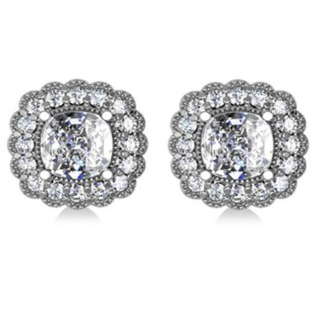 Floral Halo Cushion Cut Diamond Earrings 14k White Gold (3.52ct)