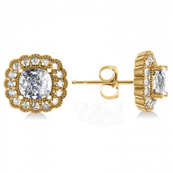 Floral Halo Cushion Cut Diamond Earrings 14k Yellow Gold (3.52ct)