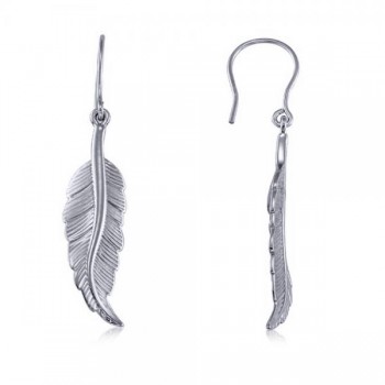 Dangling Feather Earrings in Plain Metal 14k White Gold