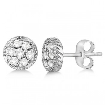 Antique Style Push Back Diamond Earrings Milgrain Edged 14k White Gold (0.30ct)