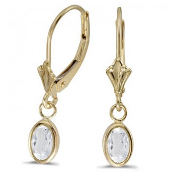Oval White Topaz Lever-back Drop Earrings 14K Yellow Gold (1.14ct)