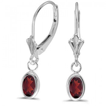 Oval Garnet Lever-back Drop Earrings in 14K White Gold (1.10ct)