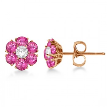 Pink Sapphire & Diamond Flower Cluster Earrings 14K R. Gold (1.25ct)