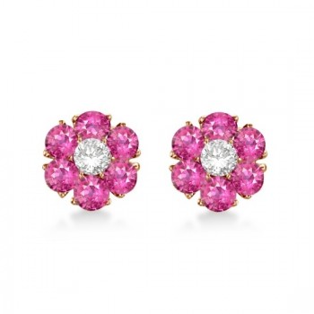 Pink Sapphire & Diamond Flower Cluster Earrings 14K R. Gold (1.25ct)