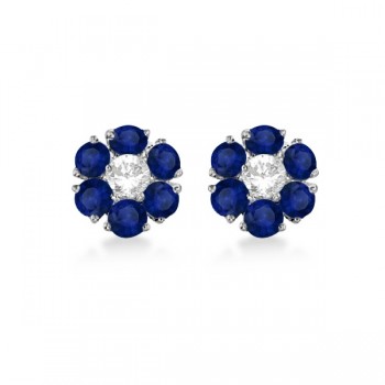 Diamond & Sapphire Flower Cluster Earrings 14K White Gold (1.91ctw)