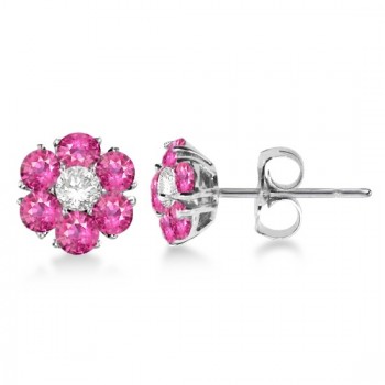 Pink Sapphire & Diamond Flower Cluster Earrings 14K W Gold (1.25ct)