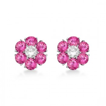 Pink Sapphire & Diamond Flower Cluster Earrings 14K W Gold (1.25ct)