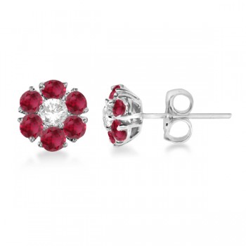 Diamond and Ruby Flower Cluster Earrings in 14K White Gold (1.67ctw)
