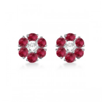 Diamond and Ruby Flower Cluster Earrings in 14K White Gold (1.67ctw)