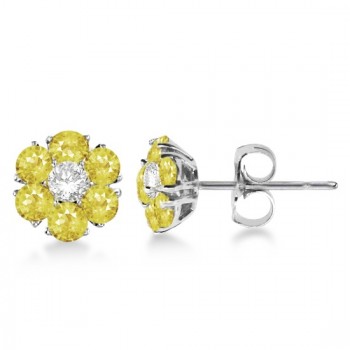 Yellow & White Diamond Flower Cluster Earrings 14K W Gold (1.20ct)