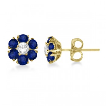 Diamond & Sapphire Flower Cluster Earrings 14K Yellow Gold (1.91ctw)