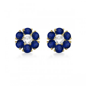 Diamond & Sapphire Flower Cluster Earrings 14K Yellow Gold (1.91ctw)