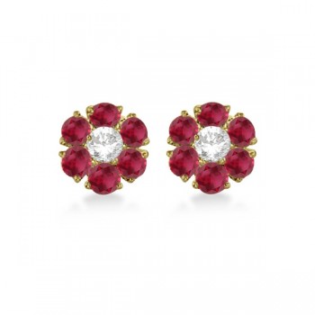 Diamond and Ruby Flower Cluster Earrings in 14K Yellow Gold (1.67ctw)