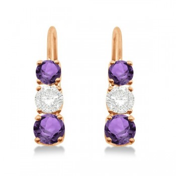 Three-Stone Leverback Diamond & Amethyst Earrings 14k Rose Gold (1.00ct)