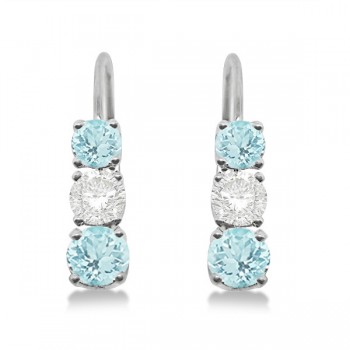 Three-Stone Leverback Diamond & Aquamarine Earrings 14k White Gold (1.00ct)