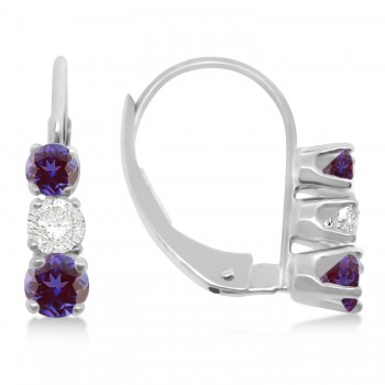 Three-Stone Leverback Lab Grown Diamond & Lab Grown Alexandrite Earrings 14k White Gold (1.00ct)