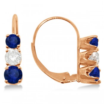 Three-Stone Leverback Diamond & Blue Sapphire Earrings 14k Rose Gold (1.00ct)