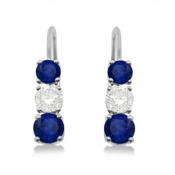 Three-Stone Leverback Diamond & Blue Sapphire Earrings 14k White Gold (1.00ct)