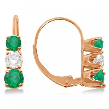 Three-Stone Leverback Diamond & Emerald Earrings 14k Rose Gold (1.00ct)