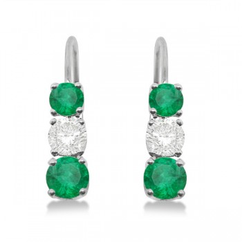 Three-Stone Leverback Diamond & Emerald Earrings 14k White Gold (1.00ct)