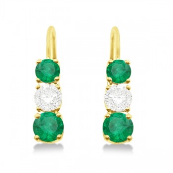 Three-Stone Leverback Diamond & Emerald Earrings 14k Yellow Gold (1.00ct)