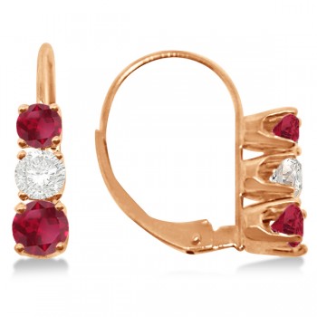 Three-Stone Leverback Diamond & Ruby Earrings 14k Rose Gold (1.00ct)