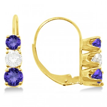 Three-Stone Leverback Diamond & Tanzanite Earrings 14k Yellow Gold (1.00ct)