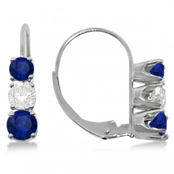 Three-Stone Leverback Diamond & Blue Sapphire Earrings 14k White Gold (2.00ct)