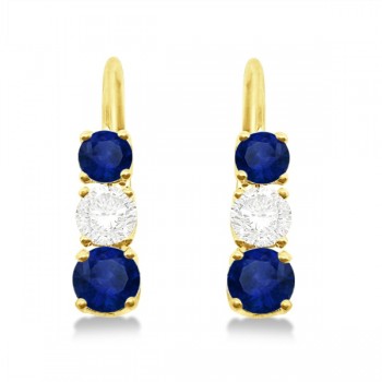 Three-Stone Leverback Diamond & Blue Sapphire Earrings 14k Yellow Gold (2.00ct)