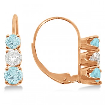 Three-Stone Leverback Diamond & Aquamarine Earrings 14k Rose Gold (3.00ct)