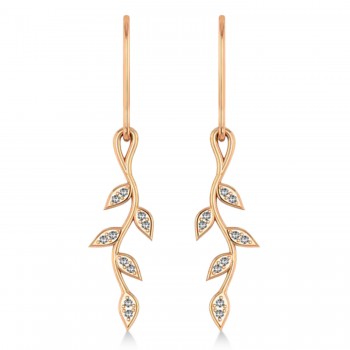 Diamond Olive Vine Leaf Drop Earrings 14k Rose Gold (0.20ct)