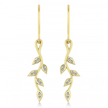 Diamond Olive Vine Leaf Drop Earrings 14k Yellow Gold (0.20ct)