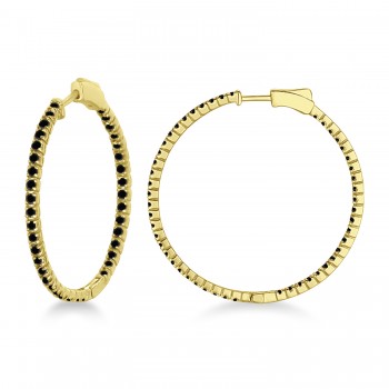 Stylish Large Round Black Diamond Hoop Earrings 14k Yellow Gold (2.00ct)