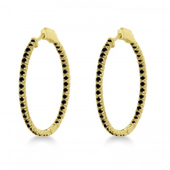 Stylish Large Round Black Diamond Hoop Earrings 14k Yellow Gold (2.00ct)