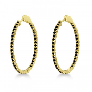 Stylish Large Round Black Diamond Hoop Earrings 14k Yellow Gold (2.00ct)