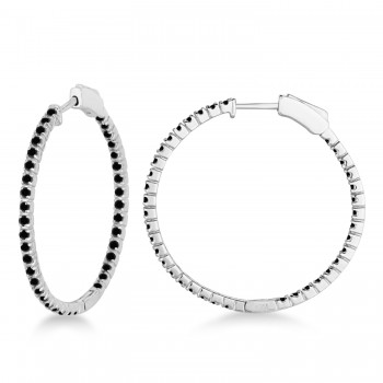 Medium Thin Round Black Diamond Hoop Earrings 14k White Gold (1.50ct)