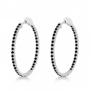 Medium Thin Round Black Diamond Hoop Earrings 14k White Gold (1.50ct)